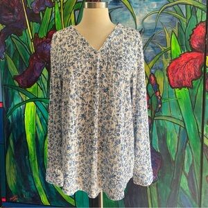 $15 SALE Chic Blue Floral Women's Blouse Ribbed Stretch Winter Business Casual